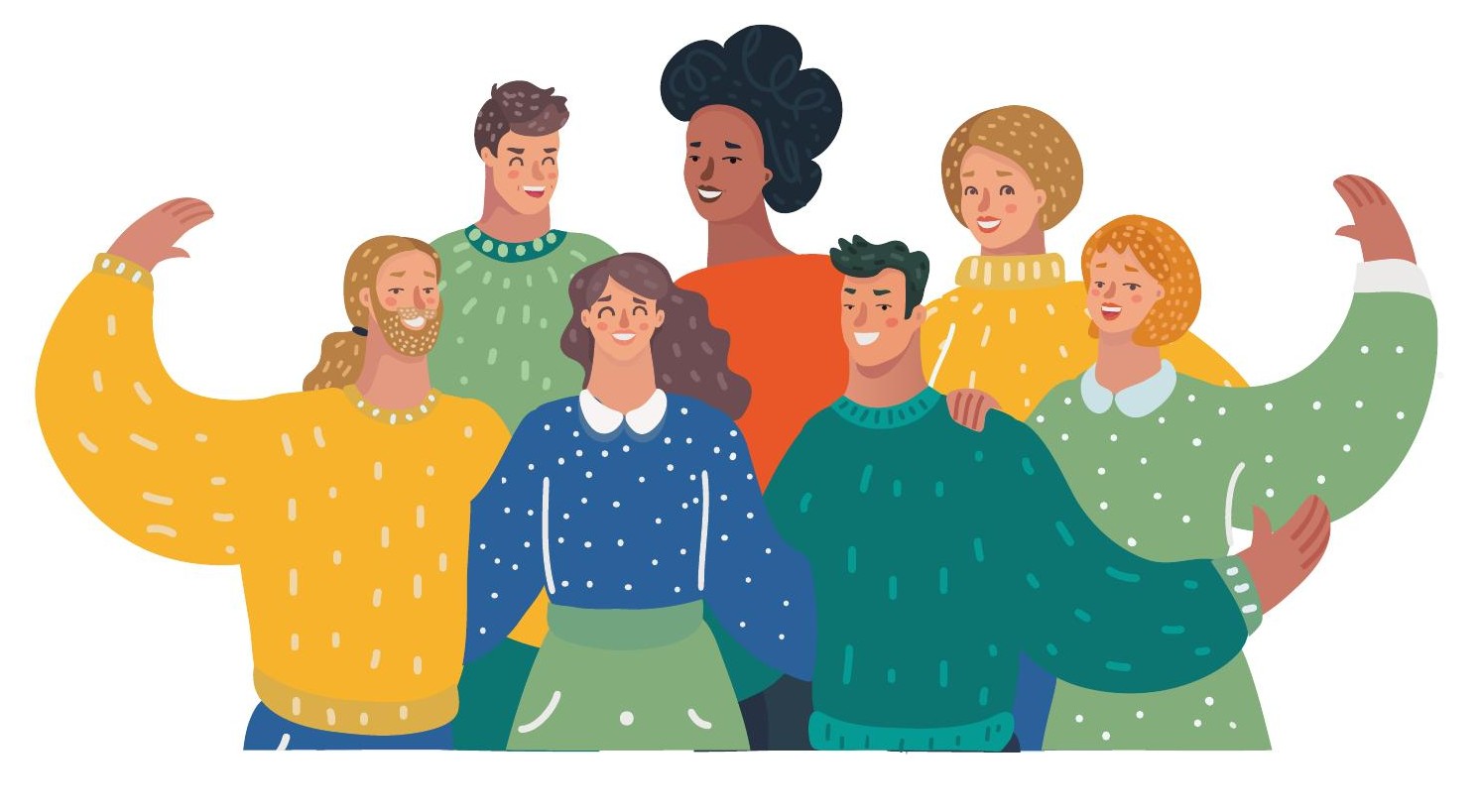 Illustrazione di un gruppo di persone, charte graphique Les Pas-Sages